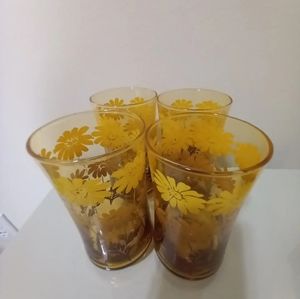 Amber gold 70s vintage Libbey juice glasses w/retro daisies print set of 4